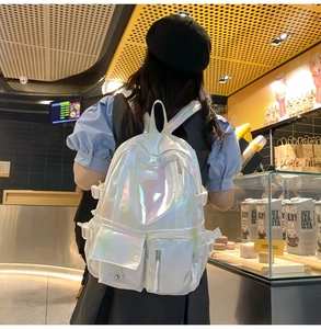 Holographic laser backpack with iridescent PU finish and adjustable side straps