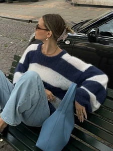 Detailed knit texture and striped pattern of this blue and white oversized crewneck sweater