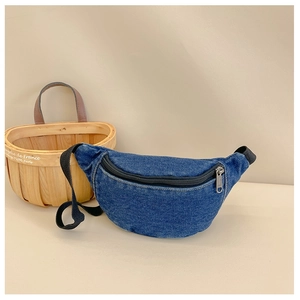 Blue denim kids waist bag with adjustable black strap and front zipper detail