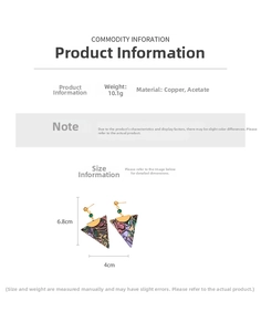 Detailed technical diagram showing 6.8cm triangle acetate earrings with copper material