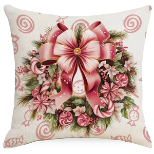Christmas linen pillowcase with festive red floral wreath design for sofa decor