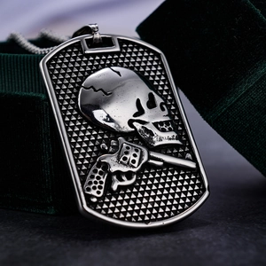 Retro stainless steel military tag necklace with skull and revolver pistol relief