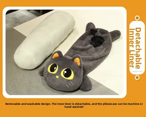 Removable plush cat pillow cover with a grey cat head and a separate white inner insert