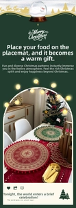 Detail of round jute Christmas placemats with festive pom-pom trim and white snowflakes