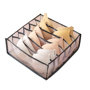 Grey mesh drawer organizer with multiple compartments for organized bra and underwear storage