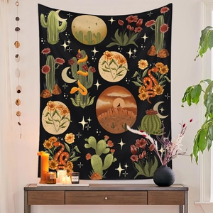 Bohemian mushroom and cactus tapestry wall hanging with desert moon illustration