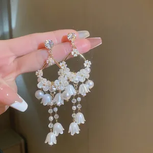 Lily Of The Valley Dangle Earrings Alloy Flower With Faux Artificial Pearl Rhinestone And 925 Sterling Silver Earring Post French