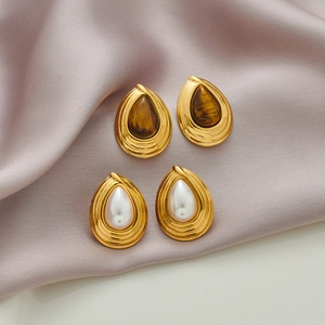 Vintage Teardrop Stud Earrings Stainless Steel 18K Gold Plated Natural Tiger Eye Stone Faux Artificial Pearl Retro French Style Jewelry