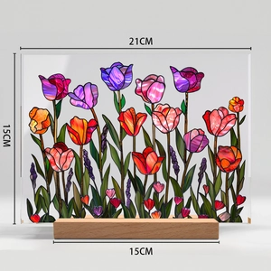 Detail view of 21x15cm acrylic flower decor with dimensions and wooden base
