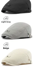 Detailed view of linen flat caps in black, grey and beige with adjustable metal buckles