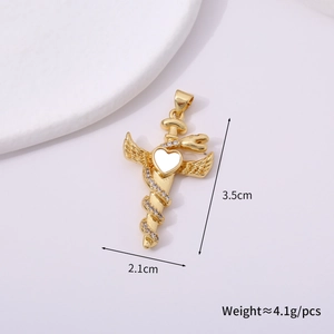 Detail of winged sword cross pendant with heart gem, measuring 3.5cm by 2.1cm