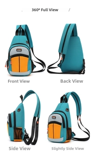 Blue crossbody chest bag with orange zippers, 360-degree views showing all compartments