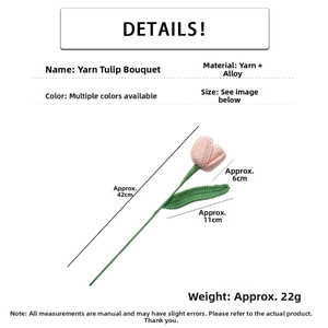 Detailed size specifications for handmade crochet pink tulip flower with alloy stem