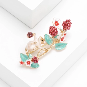 Cute enamel squirrel brooch with grapes and floral details on white geometric stand
