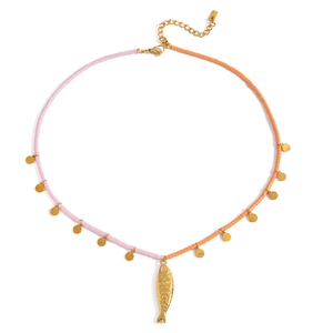Minimalist stainless steel beaded fish necklace in pink and orange with gold charms