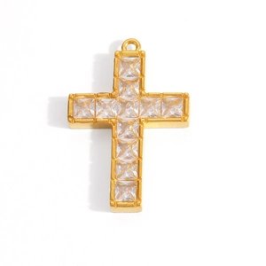 Gold-plated stainless steel cross pendant with sparkling crystal inlay for DIY jewelry