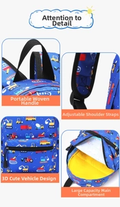 Detail view of cartoon excavator print, adjustable strap, and spacious main pocket