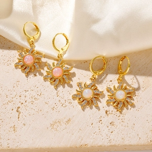 Sunburst Hoop Earrings Stainless Steel With Opal And Zircon Retro Gold Plated Leverback Jewelry For Women