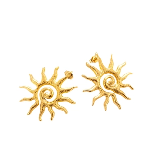 Golden sunburst stud earrings with a textured spiral center and radiating rays