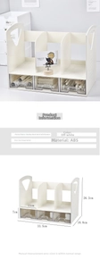 Detail view of cream white desktop shelf with 3 slots and 3 clear drawers for book storage