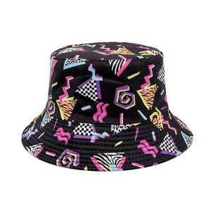 Detail of retro bucket hat with colorful Memphis style geometric patterns and 90s art design