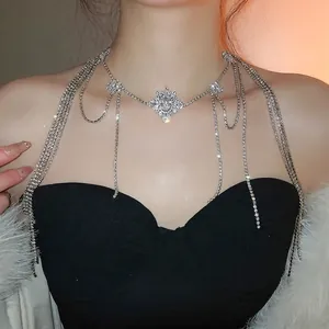 Luxury Long Tassel Necklace Copper With Zircon Rhinestones Multi Layer Flower Pendant For Women Party Banquet Wedding
