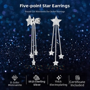 Close-up of S925 sterling silver star-shaped D color moissanite ear jacket tassel earrings