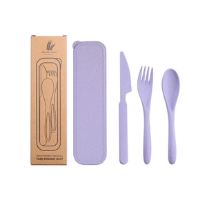 Detail of purple wheat straw flatware set including knife, fork, spoon, and storage box