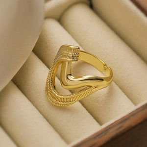 Minimalist V-shaped gold plated adjustable open ring with textured engraving in velvet box