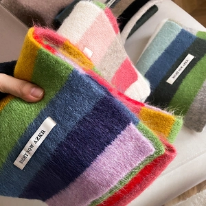 Rainbow striped mohair scarf for women showing soft texture and vibrant colors