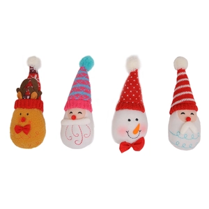 Set of 4 Christmas plush ornaments featuring Reindeer, Santa Claus, and Snowman characters
