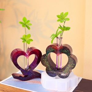 DIY heart and flower shaped resin vase molds with glitter finish and glass tubes