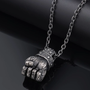 Vintage punk stainless steel clenched fist pendant necklace for men in antique silver finish