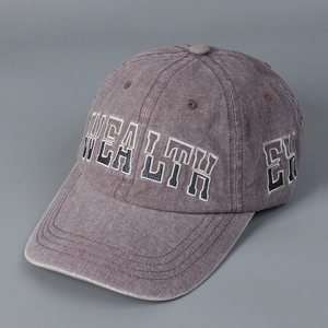 Detail of vintage washed purple-grey baseball cap with WEALTH white embroidery texture