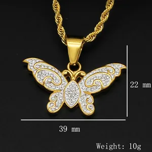 Hip hop style gold butterfly pendant necklace with white enamel and sparkling crystals