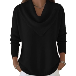Women's black long sleeve knit sweater with oversized cowl neck and casual minimalist style