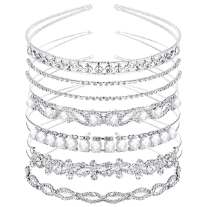 Set of 7 silver metal headbands with sparkling rhinestones and elegant pearls detail