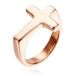 Men's rose gold stainless steel ring featuring a minimalist cross design at 45-degree angle