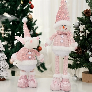 Pink Christmas plush doll set with sequins and telescopic legs for festive decoration