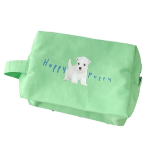Light green dog print makeup bag with Happy Puppy design and large capacity handle