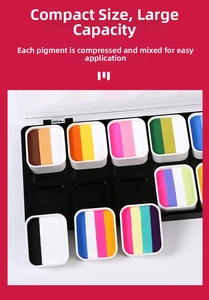 Detailed macro view of multi-color water-based body paint palette with striped pigments