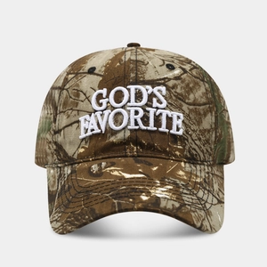 Street style camo baseball cap with white 3D God's Favorite embroidery for outdoor wear