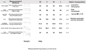 Detailed size chart for women's faux suede jacket with measurements and care instructions