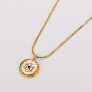 Vintage stainless steel necklace with round pearl flower pendant and emerald center