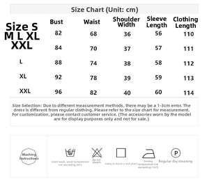 Tableau des tailles pour robe à broderie de luxe avec mesures détaillées en centimètres