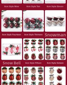 Detail of 8cm Christmas ornaments featuring red-black plaid fabric, snow foam, and pine cones
