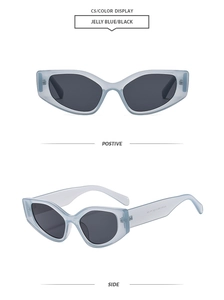 Macro detail of cat-eye sunglasses with jelly blue frames and black lenses from two angles