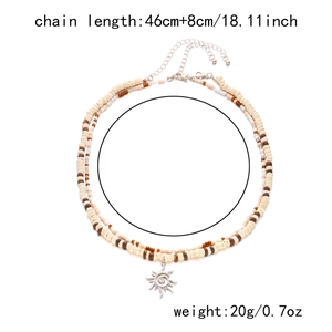 Double-layered beaded necklace with silver sun pendant and detailed size specifications