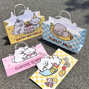 Set of four cute cartoon dog paper gift bags with handles in various colors and patterns