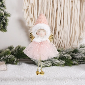 Pink Christmas angel ornament with pointed hat, mesh skirt and gold bells for tree decor